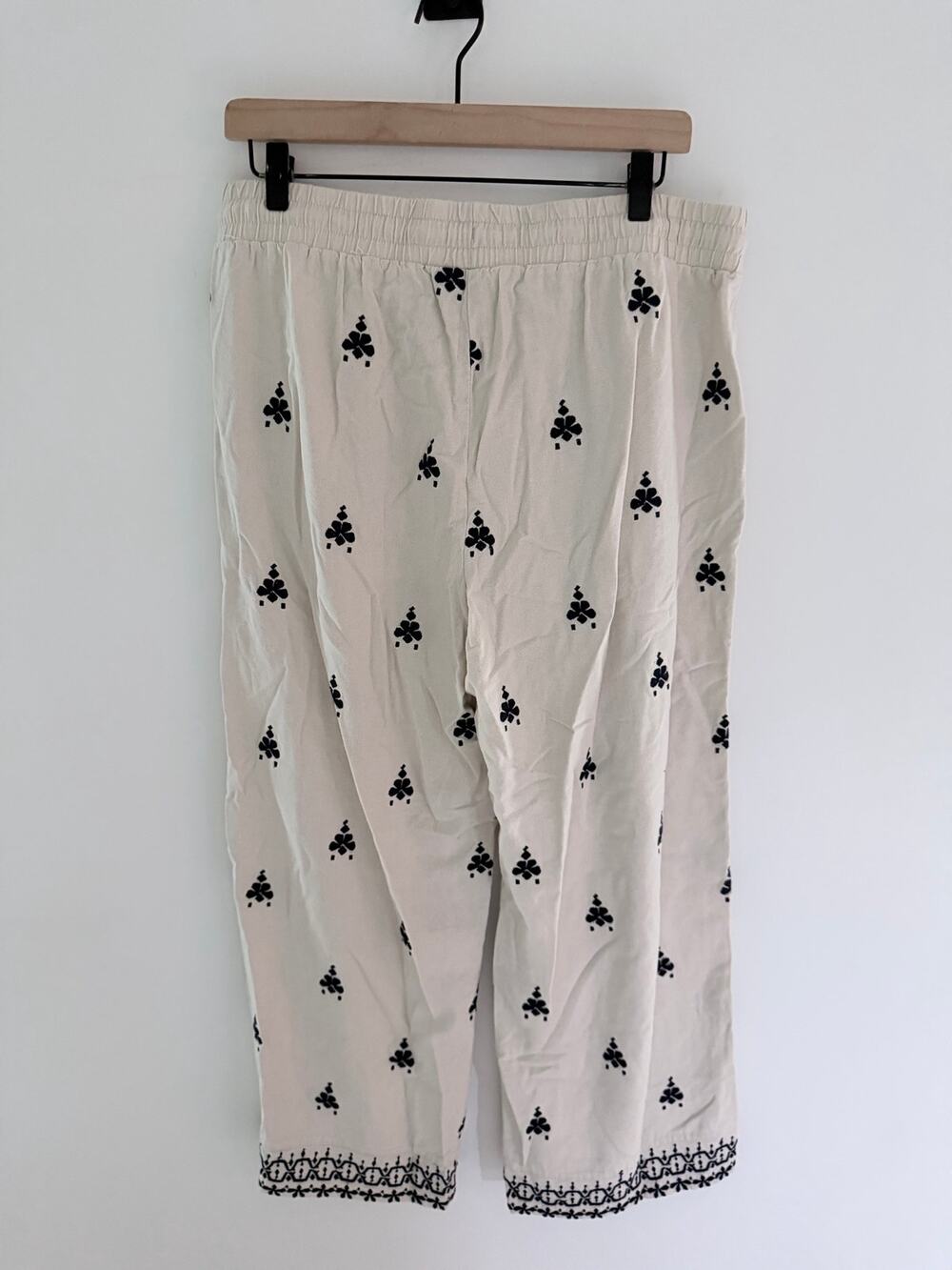 Calligraphie  Embroidered  Tan Blue Wide-Leg Linen Blend Bohemian Pants-Size L